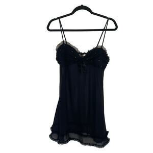 Cerie Coquette black rhinestone babydoll slip dress nightie ruffle hem bows sz M